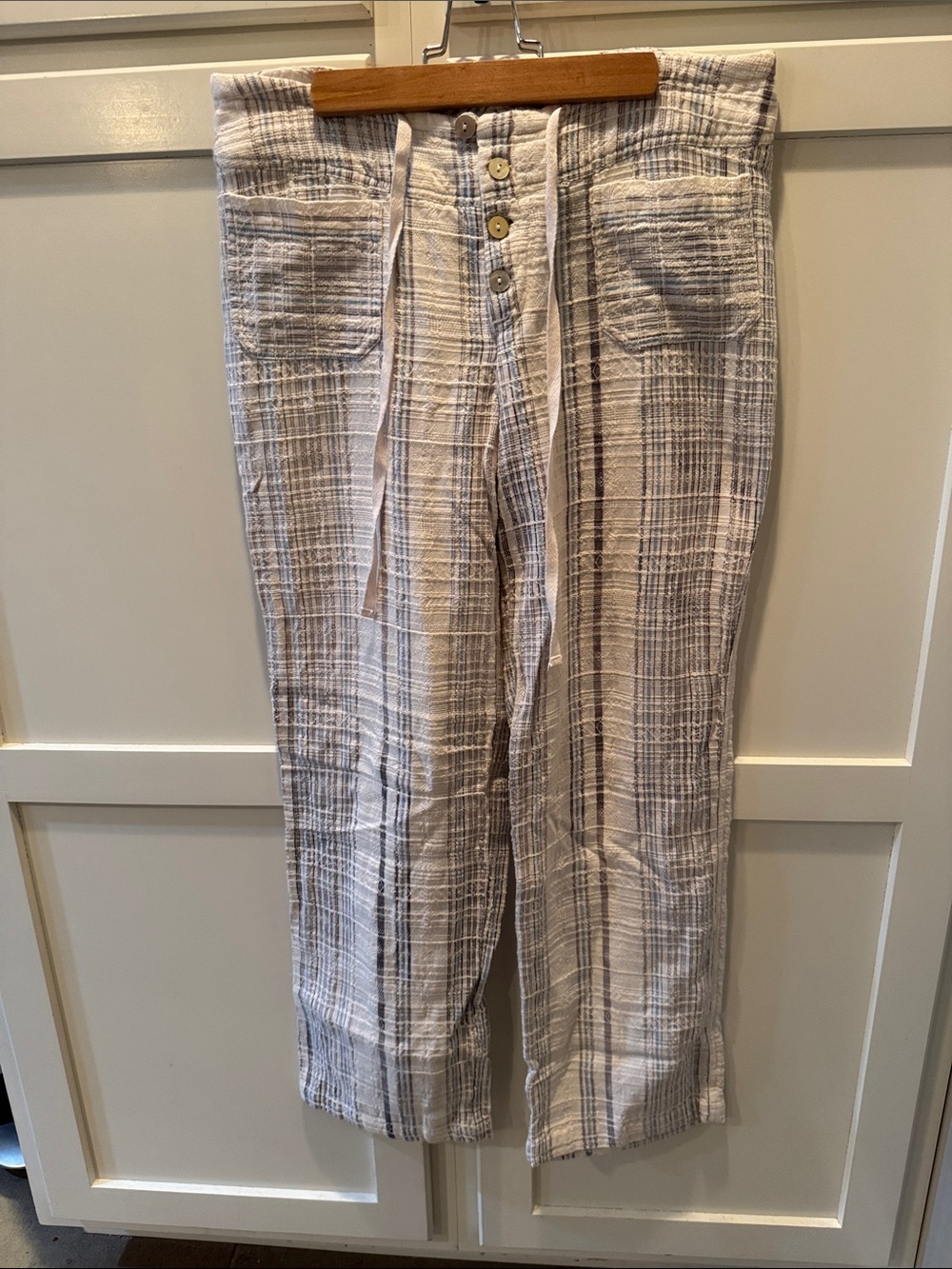 Sundance Cream and Gray Wide-Leg Plaid Linen Blend Pants